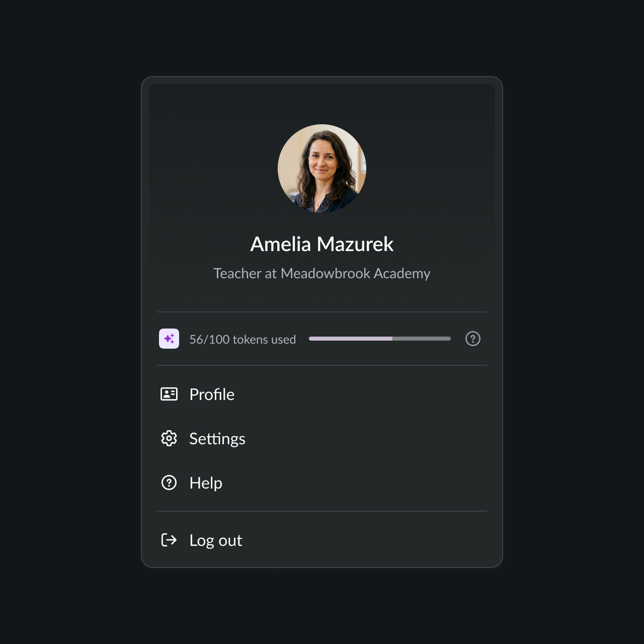 Personal menu, dark theme
